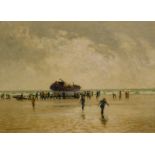 Normal Wilkinson (1878-1971). Coastal scene, figures with fishing boat, oil on canas, signed, 59cm x