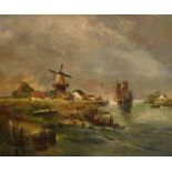 20thC Continental School. Sailing boats in river scene with windmill and cottages, oil on canvas, in