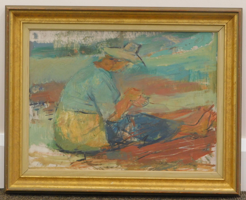 Evelyn May Gibbs (1905-1991). Hatted woman, net mender, oil on board, signed, titled verso, 29cm x - Bild 2 aus 4