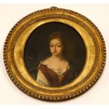 18thC School. Portrait of a lady, quarter profile, oil on canvas, unsigned, 21cm x 16cm.