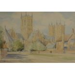 Jason Partner (1922-2005). Lincoln cathedral from Eastgate, watercolour, signed.