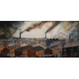 Atherton (20thC). Industrial landscape with terraced houses, oil on board, signed, 33.5cm x 74cm.