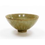 A Chinese longquan celadon bowl with lappet design to exterior, possibly Yuan dynasty, 15cm wide.