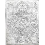 A Tibetan woodblock print on paper, of a Mandala depicting the circle of life, 65cm x 48cm, framed a