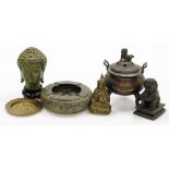 A group of Eastern wares, to include a miniature brass sensor, ashtray, Dog of Fo, gilt Buddha figur