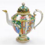 A 19thC Chinese Canton porcelain teapot, of ovoid form, the body with a continuous band of figural d