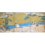 A framed and glazed print of a Japanese six-fold screen, with cranes at the river, 14cm x 32cm.