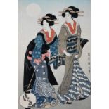 A Japanese wood block print, depicting two geisha, one carrying lantern, 37cm x 24cm, framed and gla