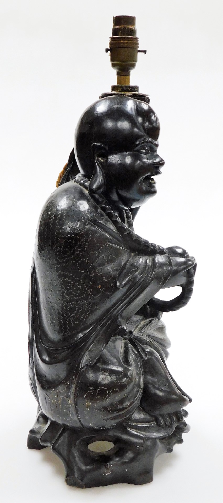 A Chinese teak figure of seated Putai with beads and staff, the body profusely inlaid with silver wi - Bild 2 aus 7