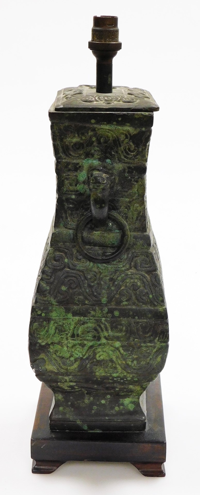 A Chinese bronze vase of square section, converted to a table lamp, with relief archaic style decora - Bild 4 aus 5