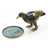 A Chinese cloisonne model of a hawk, with brass legs and beak coloured in brown, black, blue and gre
