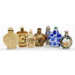 A collection of modern Chinese snuff bottles, including a carved bone bottle, two enamel bottles and