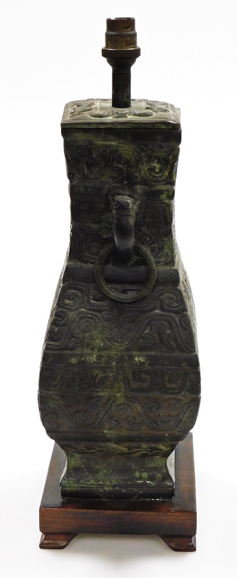 A Chinese bronze vase of square section, converted to a table lamp, with relief archaic style decora - Bild 2 aus 5