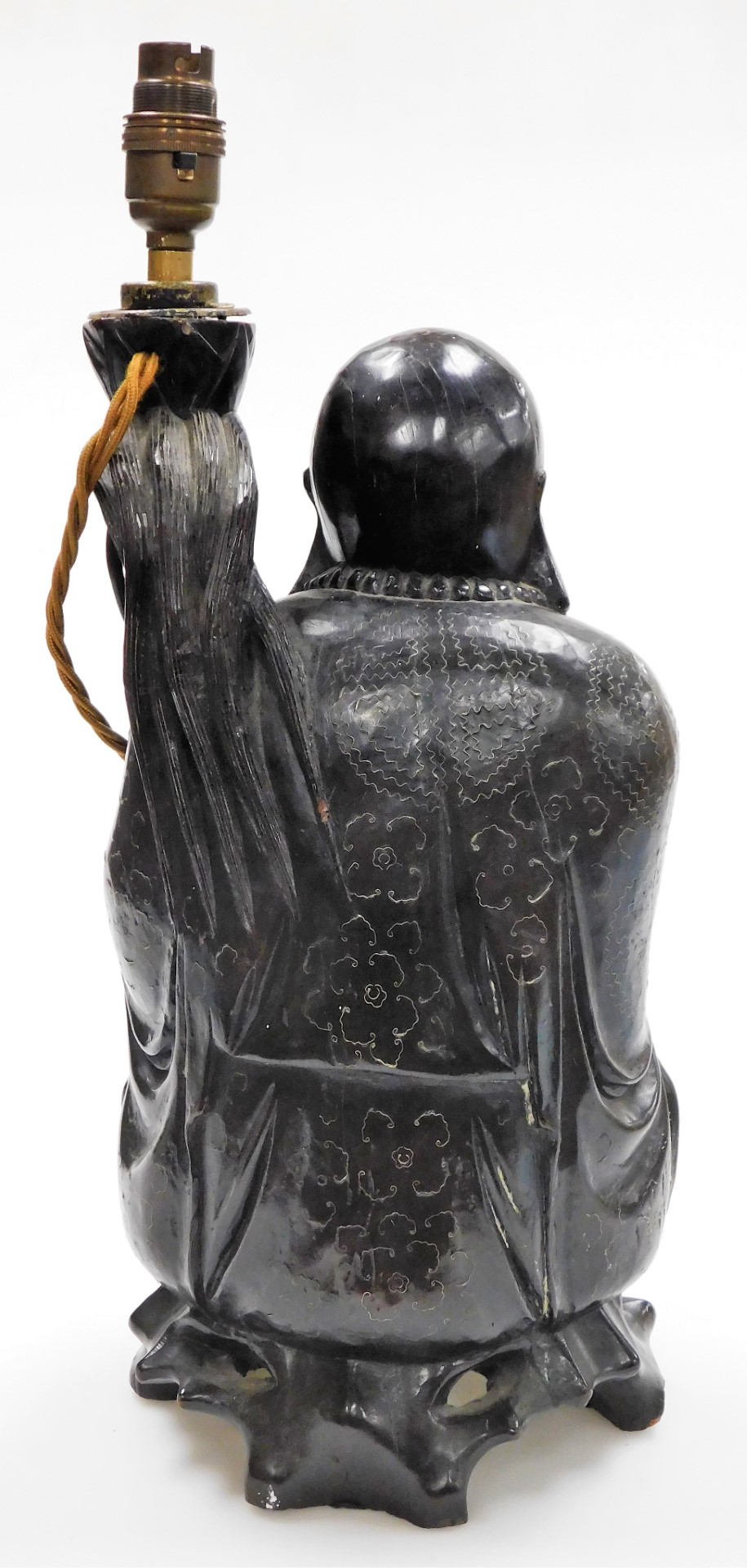 A Chinese teak figure of seated Putai with beads and staff, the body profusely inlaid with silver wi - Bild 3 aus 7