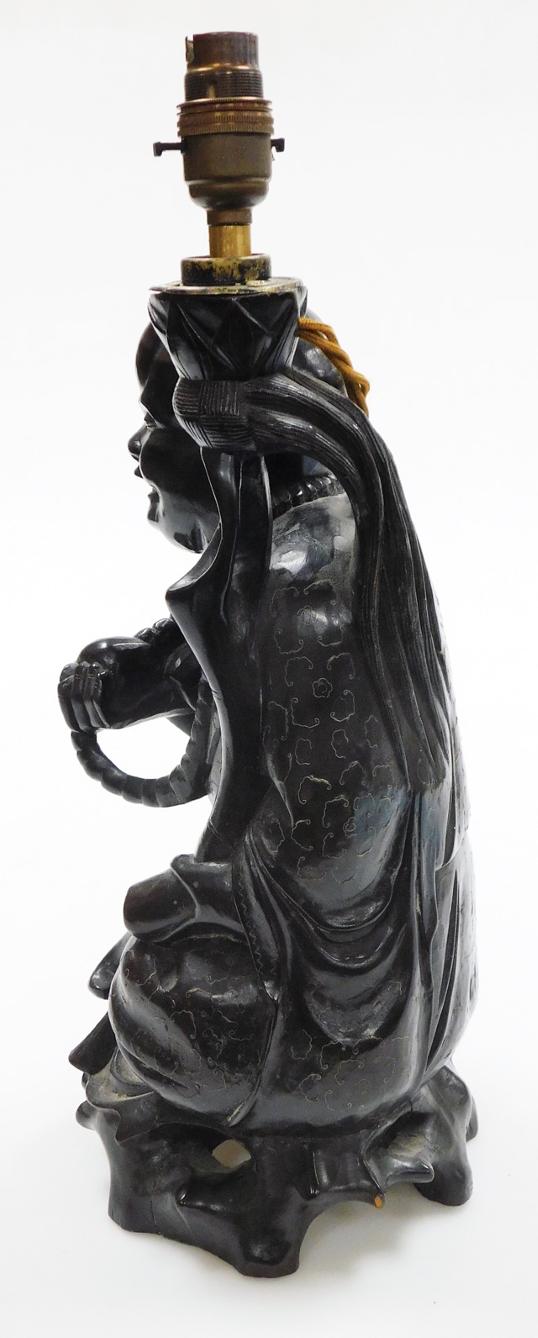 A Chinese teak figure of seated Putai with beads and staff, the body profusely inlaid with silver wi - Bild 4 aus 7