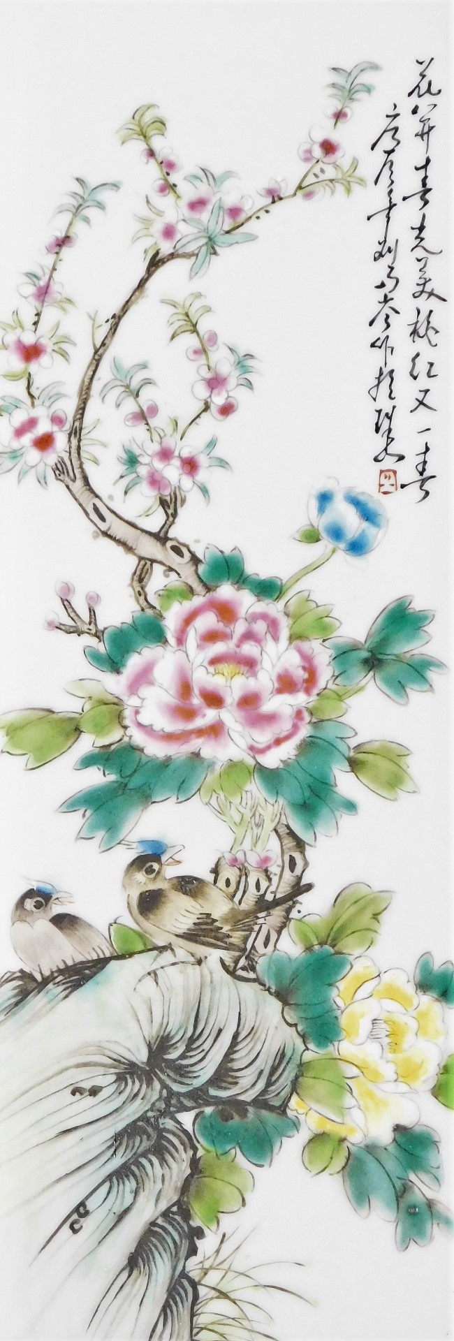 A set of four late 19thC Chinese porcelain panels, each decorated with birds and flowers, in stained - Image 3 of 5