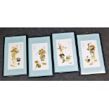 A set of four Chinese mother of pearl pictures, each depicting vase of flowers with applied relief m