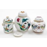 Three Chinese ginger jars and covers, one with women in gardens, marked "Made in China" and makers s