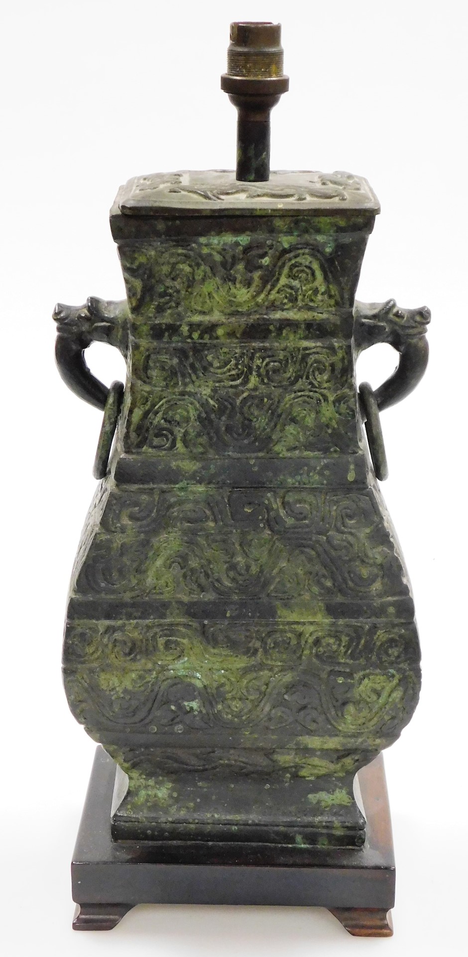 A Chinese bronze vase of square section, converted to a table lamp, with relief archaic style decora