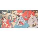 A Japanese woodblock triptych by Kunisada III, depicting a kabuki play with Nakamura Shikan playing