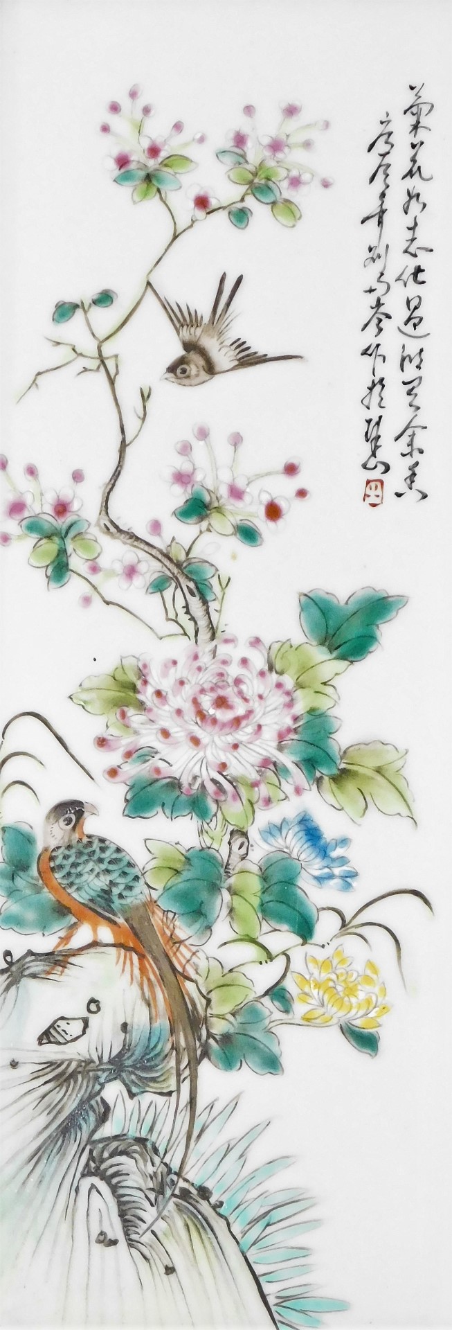 A set of four late 19thC Chinese porcelain panels, each decorated with birds and flowers, in stained - Image 5 of 5
