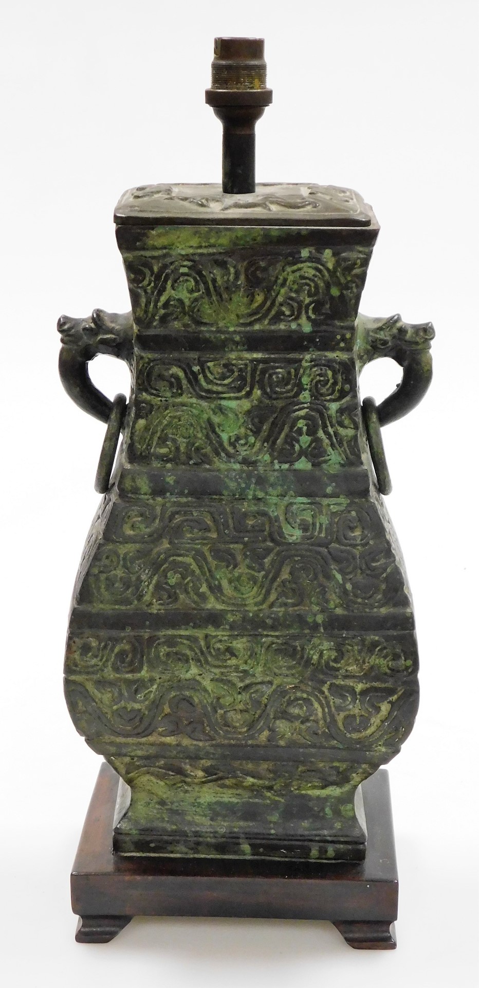 A Chinese bronze vase of square section, converted to a table lamp, with relief archaic style decora - Bild 3 aus 5