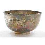 A Chinese silver bowl, engraved with bamboo and Chinese characters, stamped to underside "sterling"
