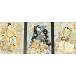 A framed Japanese woodblock triptych by Utagawa Kunisada, a scene from the kabuki play Shiranui Mono