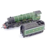 A Hornby dublo guage Flying Scotsman model locomotive and tender.