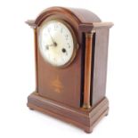 A late Victorian mahogany and inlaid mantel clock, circular enamel dial bearing Arabic numerals, Ger