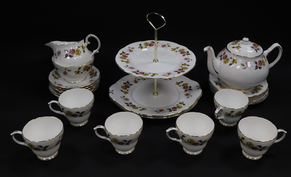 A Duchess china part tea service decorated in the Romance pattern, comprising two tier cake stand, c