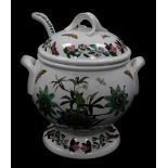 A Portmeirion pottery soup tureen cover and ladle decorated in the Botanic Garden pattern, printed m