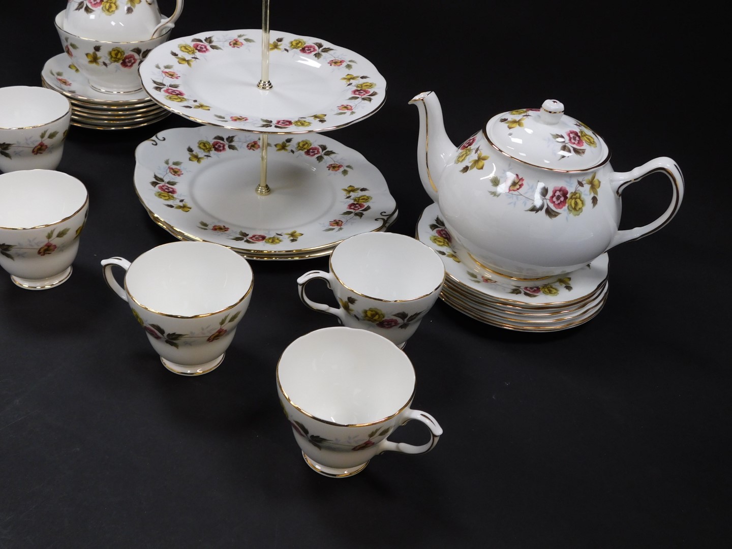 A Duchess china part tea service decorated in the Romance pattern, comprising two tier cake stand, c - Image 2 of 4