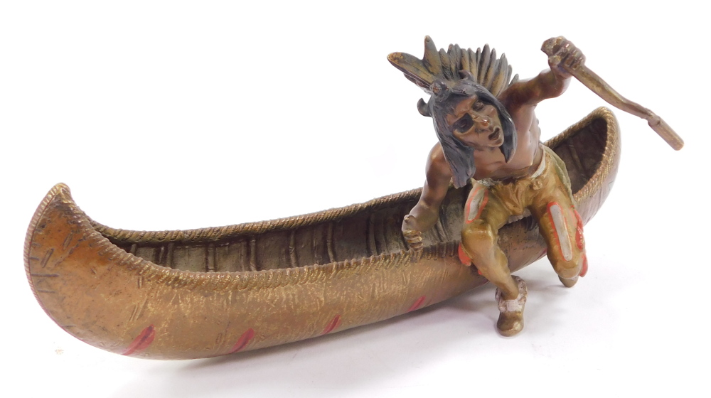 A Franz Bergman style cold painted bronze model of a Native American Indian, seated in a canoe, impr - Bild 5 aus 6