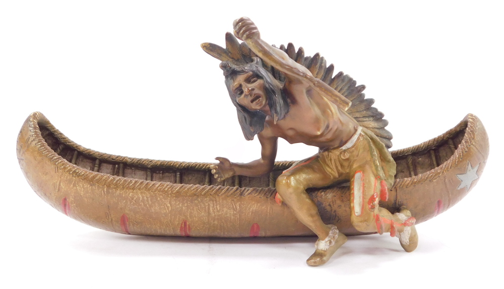 A Franz Bergman style cold painted bronze model of a Native American Indian, seated in a canoe, impr - Bild 2 aus 6