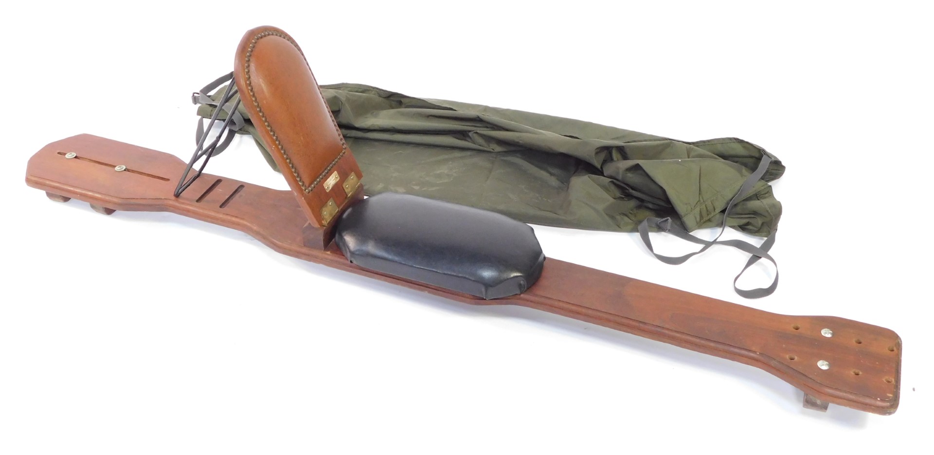 A boat board seat, with adjustable back support, built by Barry J Pond., 177cm wide, padded seat, t