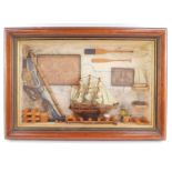 A Maritime diorama, with a three masted sailing vessel, further vessels, boats, oars, rigging, etc.,