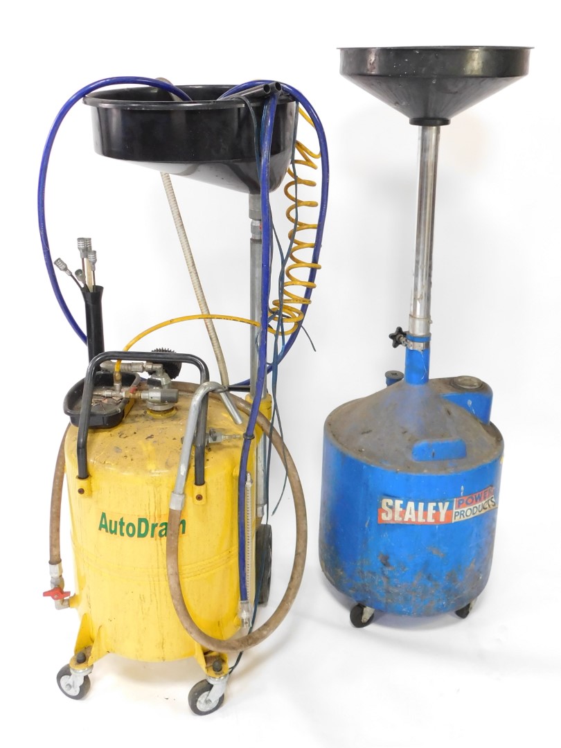A Sealey Power Products mobile oil drainer, together with a Shoco Auto Drain mobile oil drainer. (2)