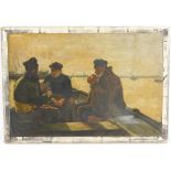 British School (19thC). Sailors conversing on a boat in harbour, oil on canvas, monogrammed E S W.,