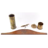 A collection of Trench Art, to include carved wooden Royal Naval Brigade crest, 1914 Antwerp, Made B