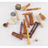 A group of treen and other needle cases, a silver plated pin box and a thimble. (a quantity)