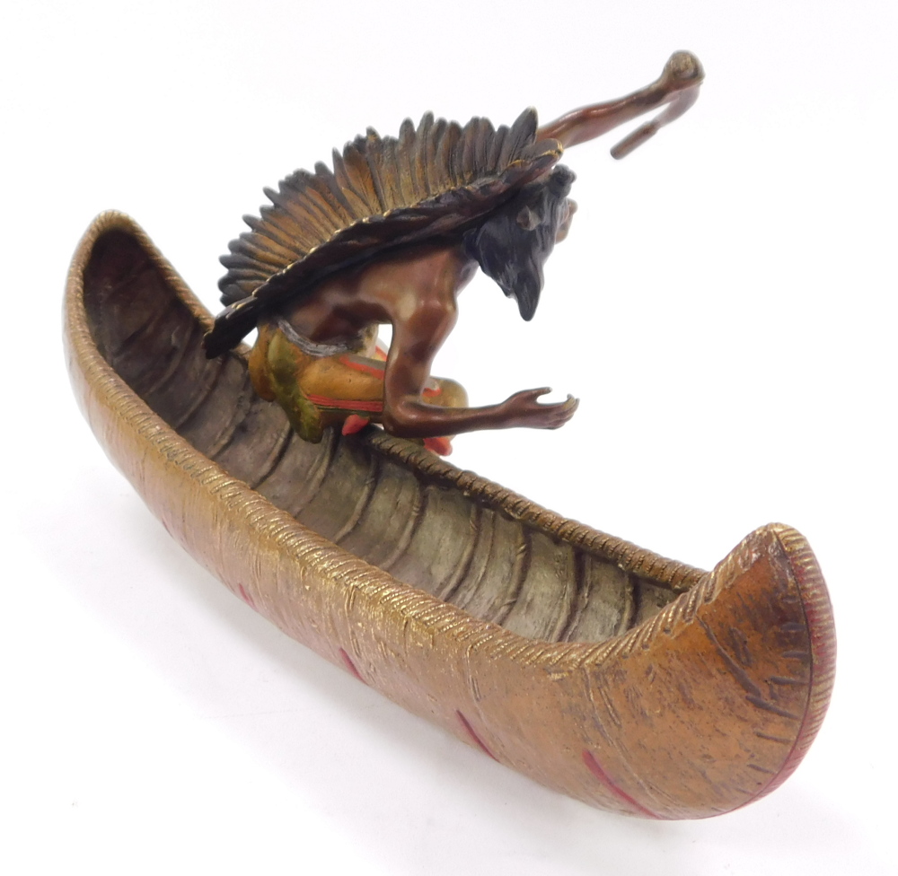 A Franz Bergman style cold painted bronze model of a Native American Indian, seated in a canoe, impr - Bild 4 aus 6