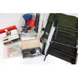 A box of fishing tackle, floats, line, etc., two further boxes, seats, etc. (a quantity)