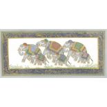 Eastern School. Procession of elephants, within an elaborate border, oil on silk, 21cm x 50cm.