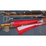 Three aluminium and metal shooting sticks, walking sticks, etc. (a quantity)