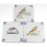 Three 19thC Delft bird tiles, each tin glazed tile painted with a polychrome bird in