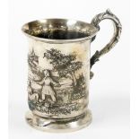 A Victorian silver tankard, with chased detail of children fishing by trees, with leaf scroll handle