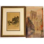 Two pictures, John J Creswell of York Minster, watercolour, dated 1928, 35cm x 29cm, and another aft