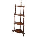 An Victorian walnut marquetry corner whatnot, each shelf with urn and swan inlay, four shelves on bo