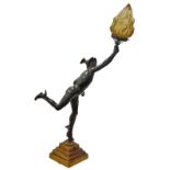 After Giambologna. Mercury, as a table lamp holding a red flamed shade, on a stepped base, 94cm high